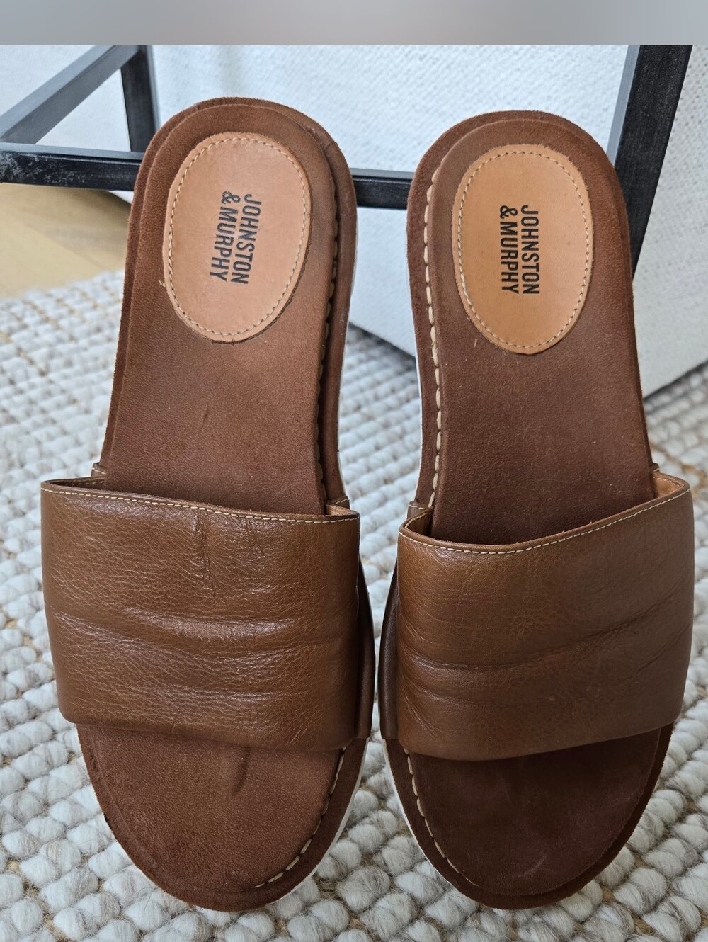 JOHNSTON & MURPHY Thea Flat TAN LEATHER Slide Band SANDALS 10 Sporty Padded Foot